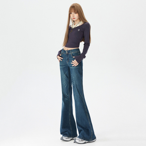Live-shoot~American deep blue micro-bellied jeans for women 2025 winter new hot girl medium-rise slimming non-tight bell-bottom pants