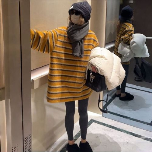 Korean Rabbit Plush 2025 Winter New Striped Color Block Knit Sweater for Women