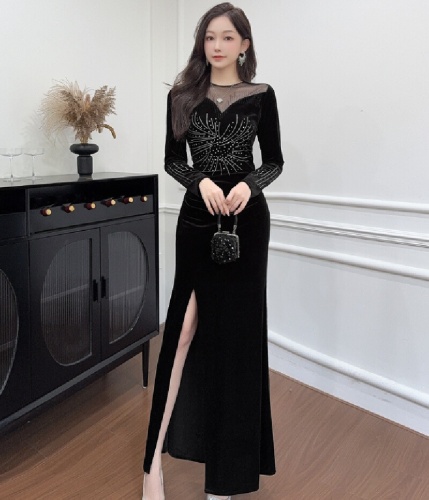 High-end black French-style lace-trimmed velvet A-line maxi dress with spaghetti straps and slits