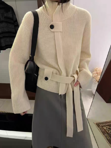 Women's Loose Oversized Hooded Cardigan Knit Coat with Belted Waist Design - 2025 Autumn/Winter New Fashion Trend
