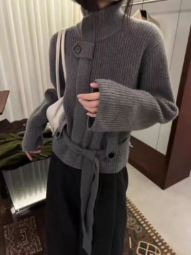 Women's Loose Oversized Hooded Cardigan Knit Coat with Belted Waist Design - 2025 Autumn/Winter New Fashion Trend