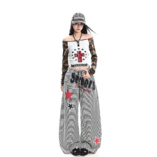 Original quality plush letter print striped women's loose lazy drape lined lined wide-leg knife-cut casual pants