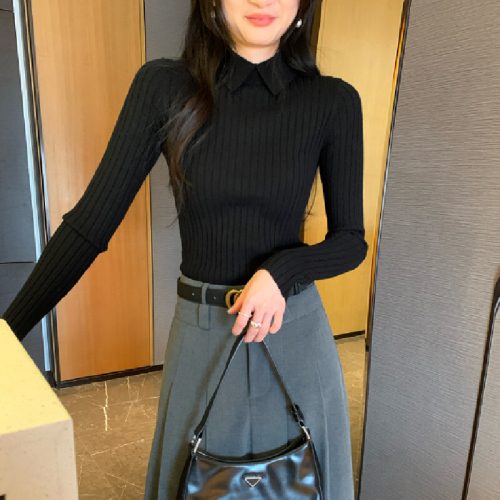 Photo-realistic image, old money style, coffee-colored polo collar slim-fit crew neck knit top for women, autumn and winter POLO shirt top