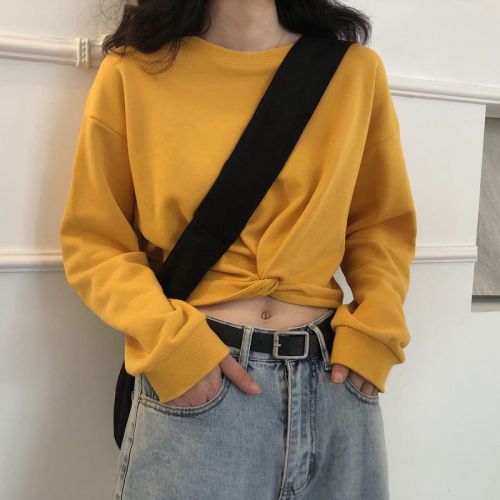 Golden Bright Official Artwork + High-Quality Original High-Waisted Bare-Belly Knoted Korean Style Round Neck Short-Sleeve Loose Fitting Slimming
