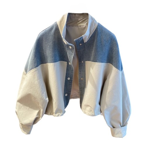 Autumn New European Style Denim Patchwork Stand Collar Jacket Loose Casual Versatile Short Length Jacket Top