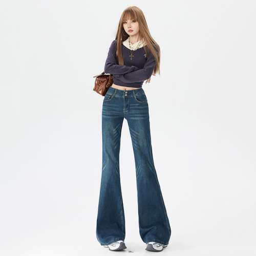 Live-shoot~American deep blue micro-bellied jeans for women 2025 winter new hot girl medium-rise slimming non-tight bell-bottom pants