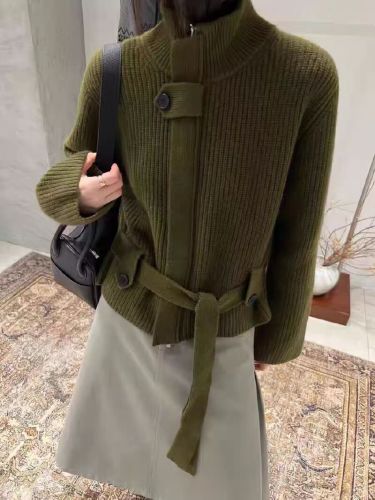 Women's Loose Oversized Hooded Cardigan Knit Coat with Belted Waist Design - 2025 Autumn/Winter New Fashion Trend