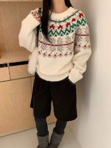Vintage Fair Isle Sweater for Women - Autumn/Winter 2025 New Arrival - Open Style Christmas Youthful College Style Round Neck Knitwear
