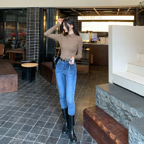 Photo-realistic image, old money style, coffee-colored polo collar slim-fit crew neck knit top for women, autumn and winter POLO shirt top