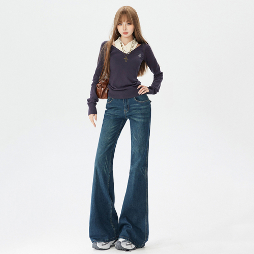 Live-shoot~American deep blue micro-bellied jeans for women 2025 winter new hot girl medium-rise slimming non-tight bell-bottom pants