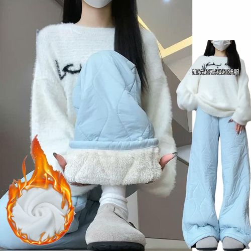 Official Price Cashmere Lamb Wool New Model Northeast Thick Warm Plush Insulated Winter Flannel Wide Leg Pants