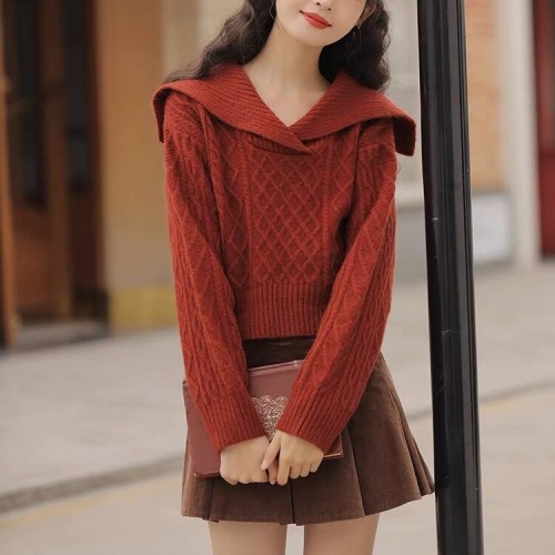 Vintage Soft V-Neck Sweater, High-Waisted Short-Sleeve Hooded Knit Top for Women, 2025 Winter