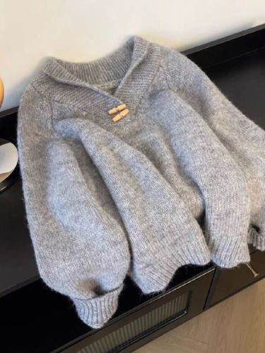 Languid Style Ox Horn Collar Grey Lapel Sweater for Women Early Autumn Wear Plus Size Thick MM Sleeveless Shoulder Knit Top