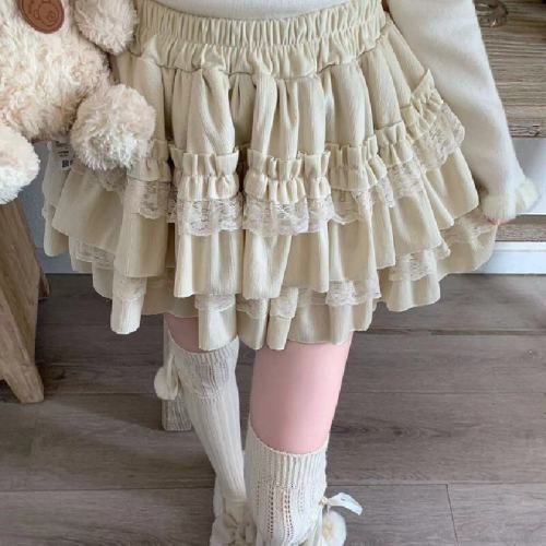 Autumn/Winter Petite Sweet Lace Edge Cake Dress Skirt for Women High-Waisted Slimming Ballgown Semi-Skirt