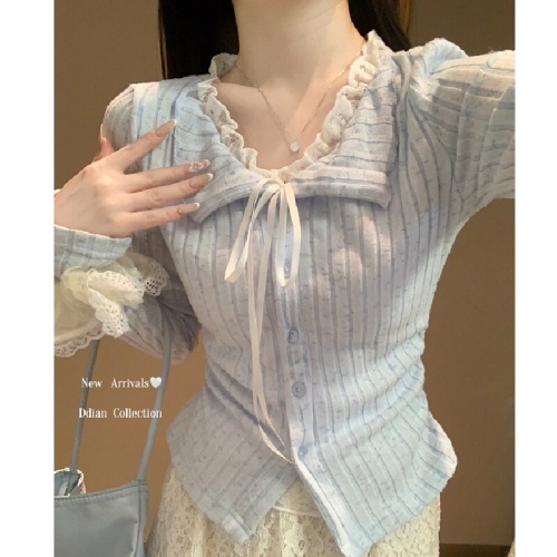 Pure Desire Blue Lace Edge False Two-Piece Long-Sleeve T-Shirt for Women Autumn/Winter Fitted Striped Base Shirt