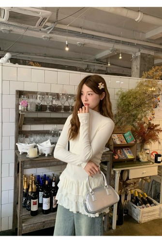 Official Image 2025 New Half-Neck Long-Sleeve T-Shirt Cupcake Skirt Fitted Lace Edge Top for Underwear
