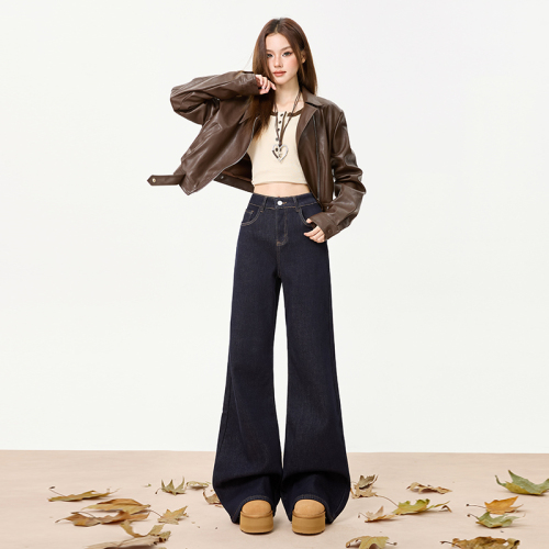 Actual shoot~ Versatile retro micro-wedge lined women's jeans 2025 autumn/winter new high-waisted loose slimming floor-length pants