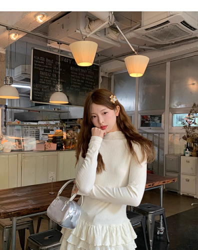 Official Image 2025 New Half-Neck Long-Sleeve T-Shirt Cupcake Skirt Fitted Lace Edge Top for Underwear