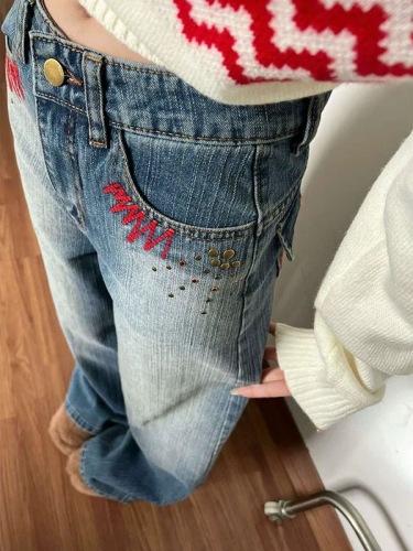 American Retro Embroidered Jeans Pants for Women - 2025 Winter New Washed Loose Wide Leg Straight Pants