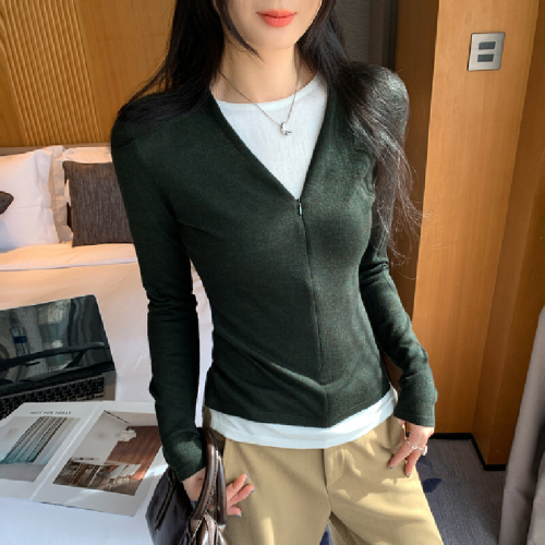 Actual photo zipper contrasting color faux two-piece wool knit base shirt women autumn winter 2025 new slim fit inner top