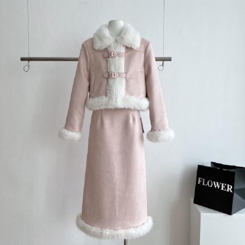 Lavender Little Perfume Style Set for Women 2025 Full Set Early Winter Outfit, Affluent Style Plush Jacket and Skirt Two-Piece Set
