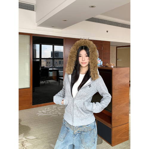 Shot. Women's grey hooded long sweater coat, soft knit cardigan overcoat for autumn and winter