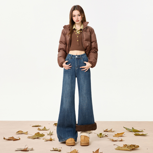 Actual shoot~ Versatile retro micro-wedge lined women's jeans 2025 autumn/winter new high-waisted loose slimming floor-length pants