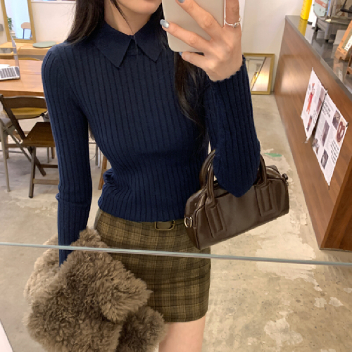 Photo-realistic image, old money style, coffee-colored polo collar slim-fit crew neck knit top for women, autumn and winter POLO shirt top