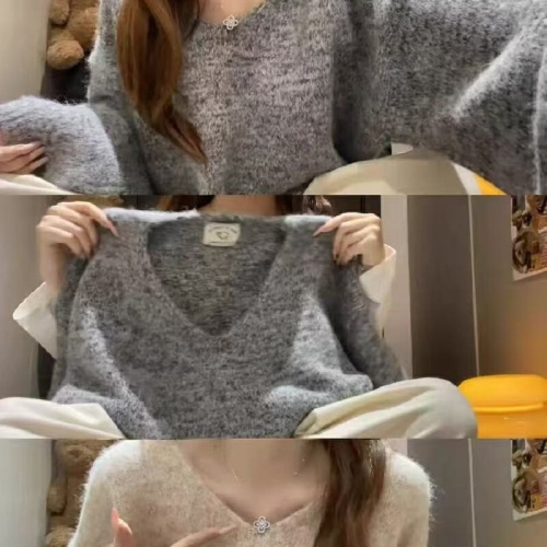 Korean-style lazy fashion crew neck V-neck knitted sweater for women, suitable for autumn and winter, with a temperament of soft and loose, as an inner layer base shirt top.
