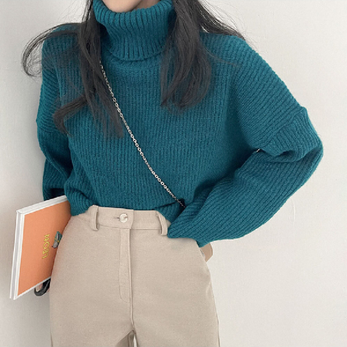 Thick High-Neck Knit Sweater, Korean Style Chic Slouchy Knit Top, Solid Color Long-Sleeve Knit Shirt, Versatile Loose Short Sleeve