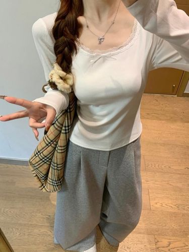 1x1 Duvet Fabric Design-Driven, Niche Lace-Trimmed Long-Sleeve T-Shirt for Women—Autumn/Winter, Low-Neck, Warm-Keeping Base Top with a Purely Alluring Style