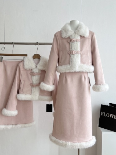Lavender Little Perfume Style Set for Women 2025 Full Set Early Winter Outfit, Affluent Style Plush Jacket and Skirt Two-Piece Set