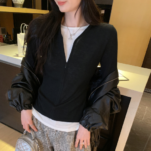 Actual photo zipper contrasting color faux two-piece wool knit base shirt women autumn winter 2025 new slim fit inner top