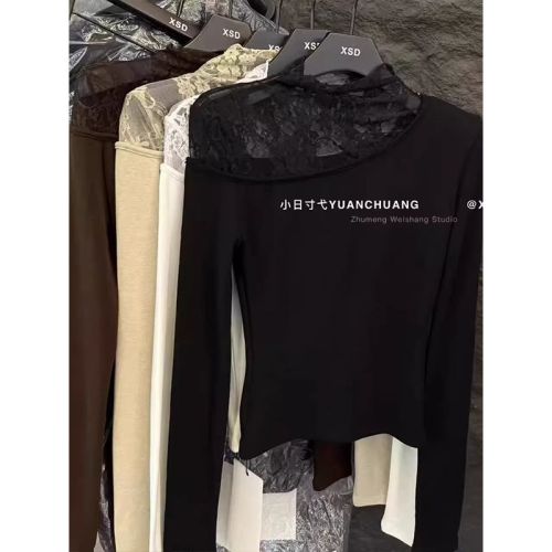 Lace-mesh white mock-neck base shirt for women—new autumn/winter style, slimming and figure-flattering long-sleeved t-shirt top.