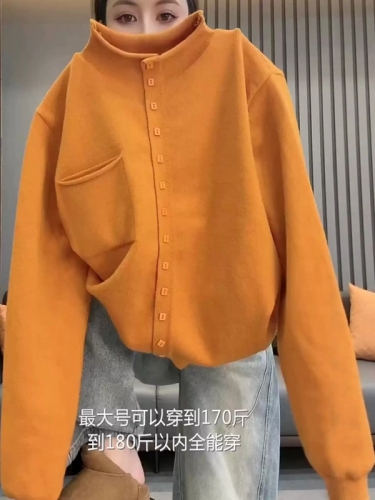 Plus-size, curvy women's stand-collar single-breasted long-sleeved knitted sweater—2025 autumn/winter casual loose-fitting age-reducing sweater jacket for women