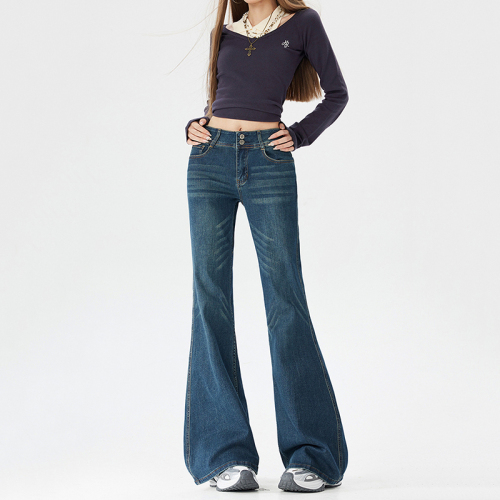 Live-shoot~American deep blue micro-bellied jeans for women 2025 winter new hot girl medium-rise slimming non-tight bell-bottom pants