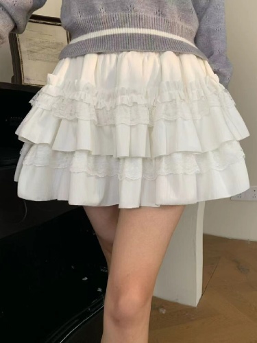 Autumn/Winter Petite Sweet Lace Edge Cake Dress Skirt for Women High-Waisted Slimming Ballgown Semi-Skirt