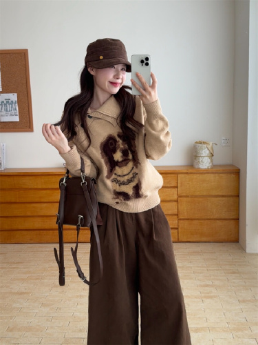 Photographed 2025 Autumn/Winter New Korean Style Fashion Retro Loose Shoulder Knot Collar Puppy Knitted Sweater for Women