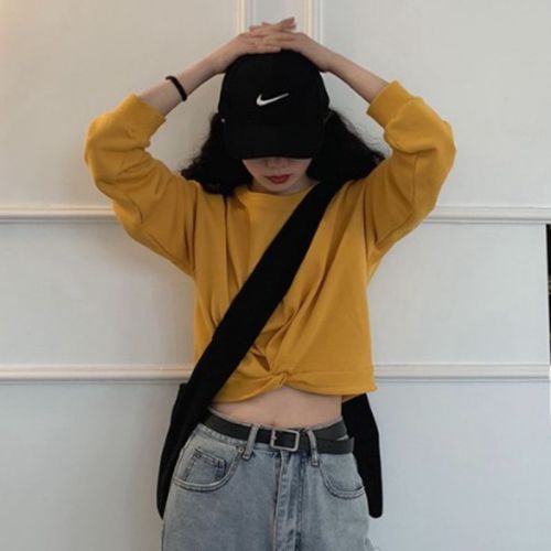 Golden Bright Official Artwork + High-Quality Original High-Waisted Bare-Belly Knoted Korean Style Round Neck Short-Sleeve Loose Fitting Slimming