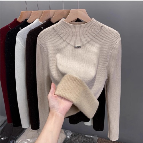 Lustrous seamless half-sleeve women's sweater with extra warm and thick crew neck base layer top 2025 autumn/winter new knitwear fashion top