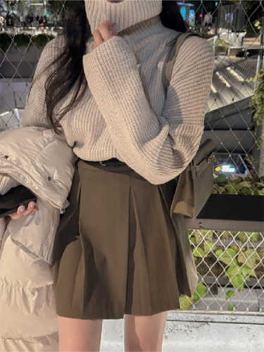Thick High-Neck Knit Sweater, Korean Style Chic Slouchy Knit Top, Solid Color Long-Sleeve Knit Shirt, Versatile Loose Short Sleeve