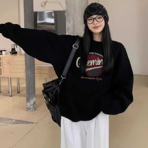 Cashmere-lined thick crew neck loose Ins minimalist personalized casual versatile top Ins