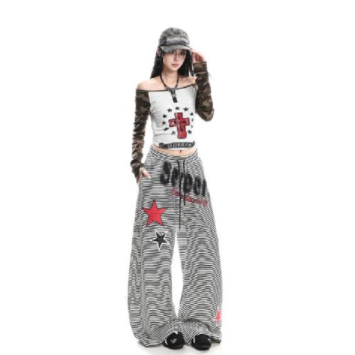 Original quality plush letter print striped women's loose lazy drape lined lined wide-leg knife-cut casual pants