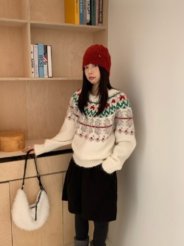 Vintage Fair Isle Sweater for Women - Autumn/Winter 2025 New Arrival - Open Style Christmas Youthful College Style Round Neck Knitwear