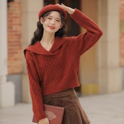 Vintage Soft V-Neck Sweater, High-Waisted Short-Sleeve Hooded Knit Top for Women, 2025 Winter
