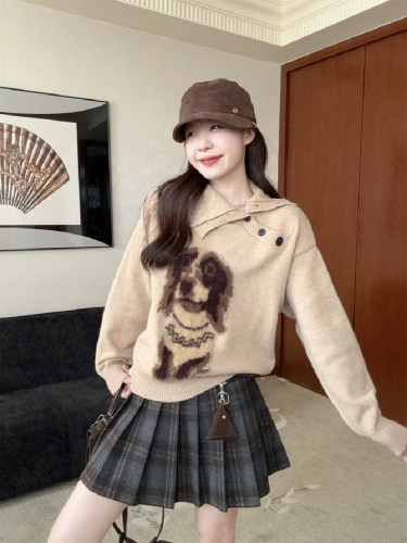 Photographed 2025 Autumn/Winter New Korean Style Fashion Retro Loose Shoulder Knot Collar Puppy Knitted Sweater for Women