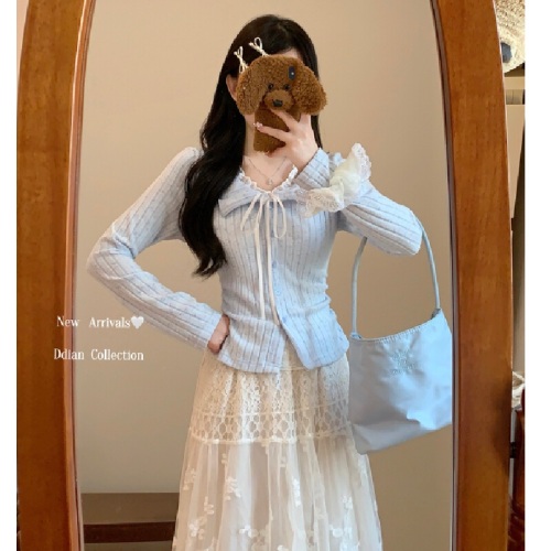 Pure Desire Blue Lace Edge False Two-Piece Long-Sleeve T-Shirt for Women Autumn/Winter Fitted Striped Base Shirt