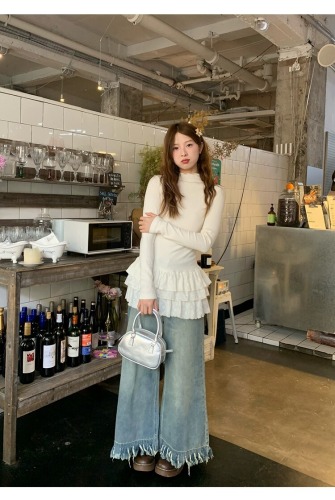 Official Image 2025 New Half-Neck Long-Sleeve T-Shirt Cupcake Skirt Fitted Lace Edge Top for Underwear