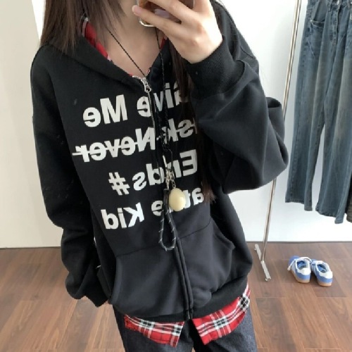 Women's Fall Hooded Cardigan Two-Piece Sweatshirt American Streetwear Trendy Brand Versatile Loose Couple Plaid Outerwear