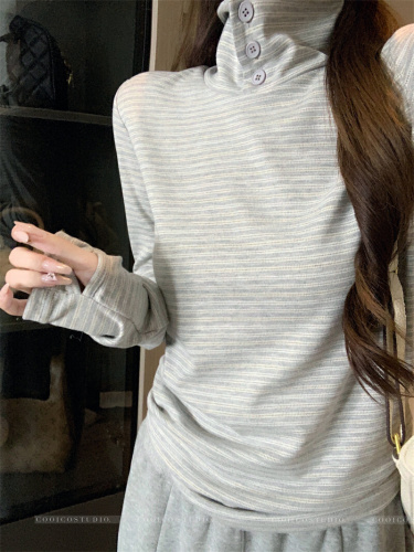 Photographed Autumn/Winter New Fleece Lined Velvety Crew Neck Striped T-Shirt Top for Women